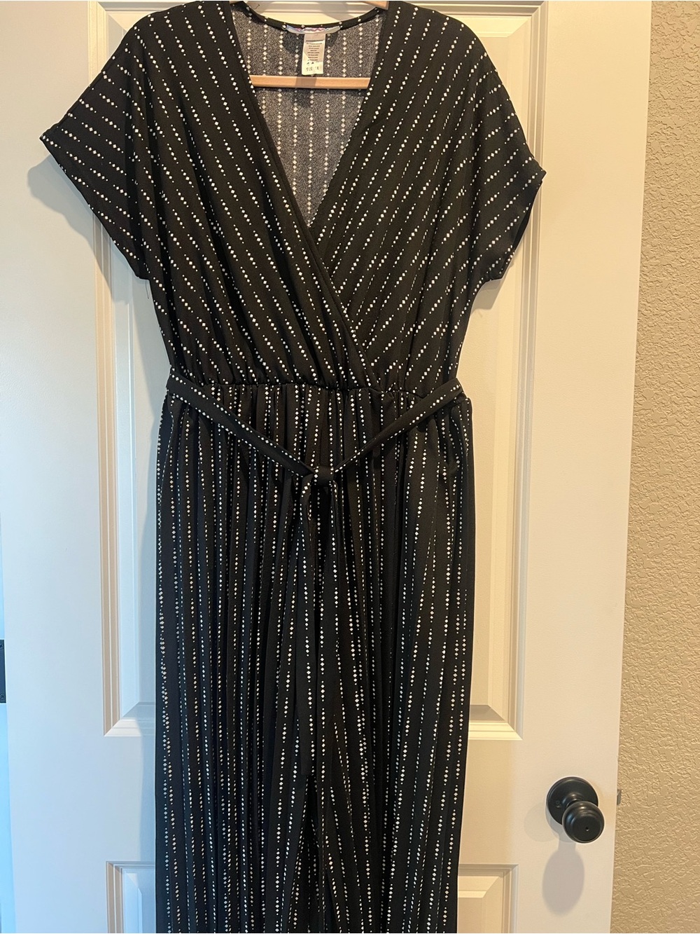 Black Wrap-Style Jumpsuit with White Dot Stripe